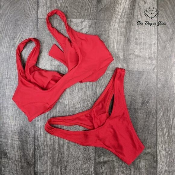 Qinsen Tie Knot Front High Waist Bikini Swimsuit Size M - Picture 4 of 4